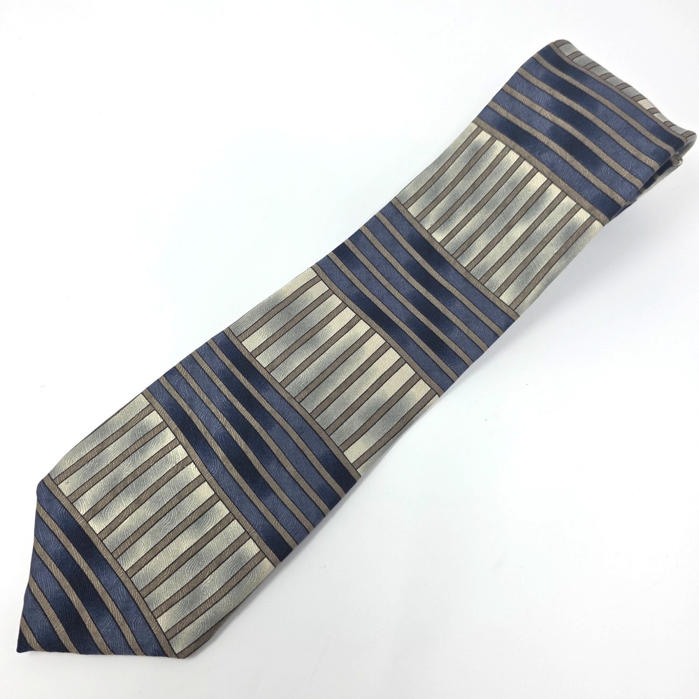 Ziggurat by Mulberry Neckwear Tie Mens Blue Silver Striped Silk Luxury USA Made